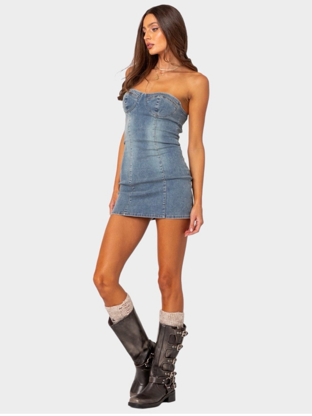 Edikted Strapless Denim Mini Dress in Washed Blue